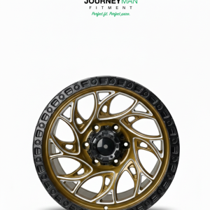 Journeyman Fitment off-road wheel with a gold and silver metallic swirl spoke design and a black bolt-patterned outer rim.